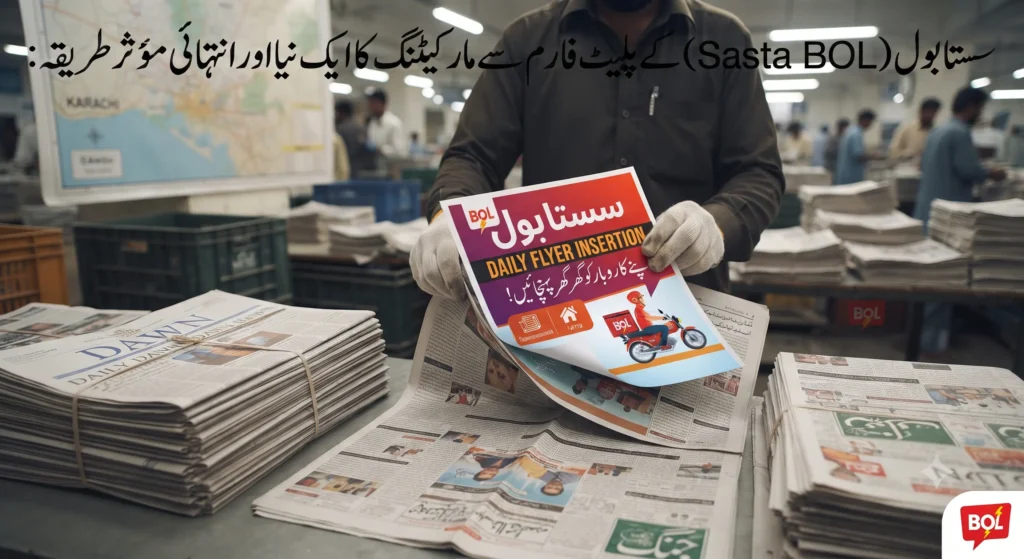 Cost-effective and direct newspaper flyer insertion marketing service in Daily Jang and Daily Dawn across Karachi and specific areas like Gulistan-e-Johar, featured on Sasta Bol