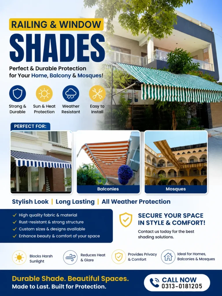 Imported retractable manual and automatic railing and window shades for homes and mosques available at competitive rates, featured on Sasta Bol