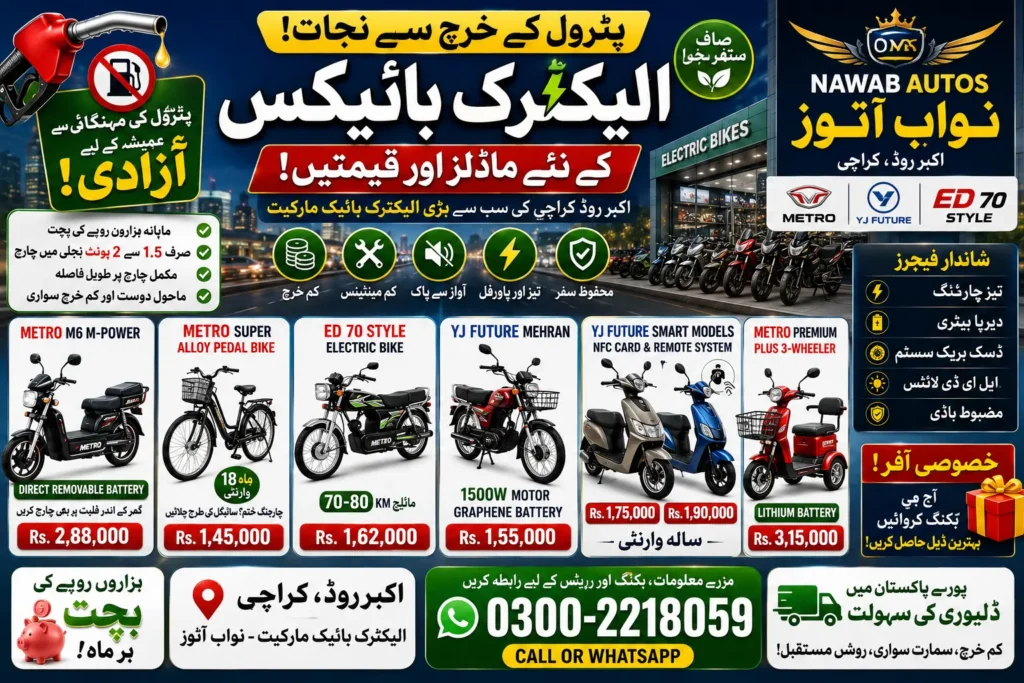 Modern electric bikes and scooters displayed at Akbar Road motorcycle market Karachi