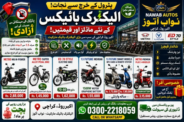 Modern electric bikes and scooters displayed at Akbar Road motorcycle market Karachi