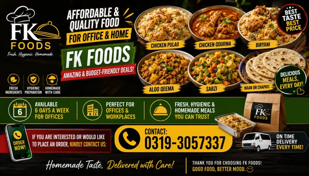 Delicious Pakistani chicken biryani and office lunch meals by FK Food