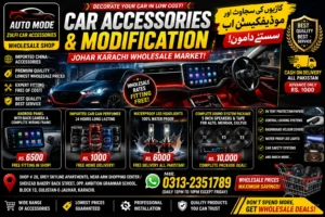 Car accessories wholesale shop in Gulistan e Johar Karachi showing android panels and LED lights