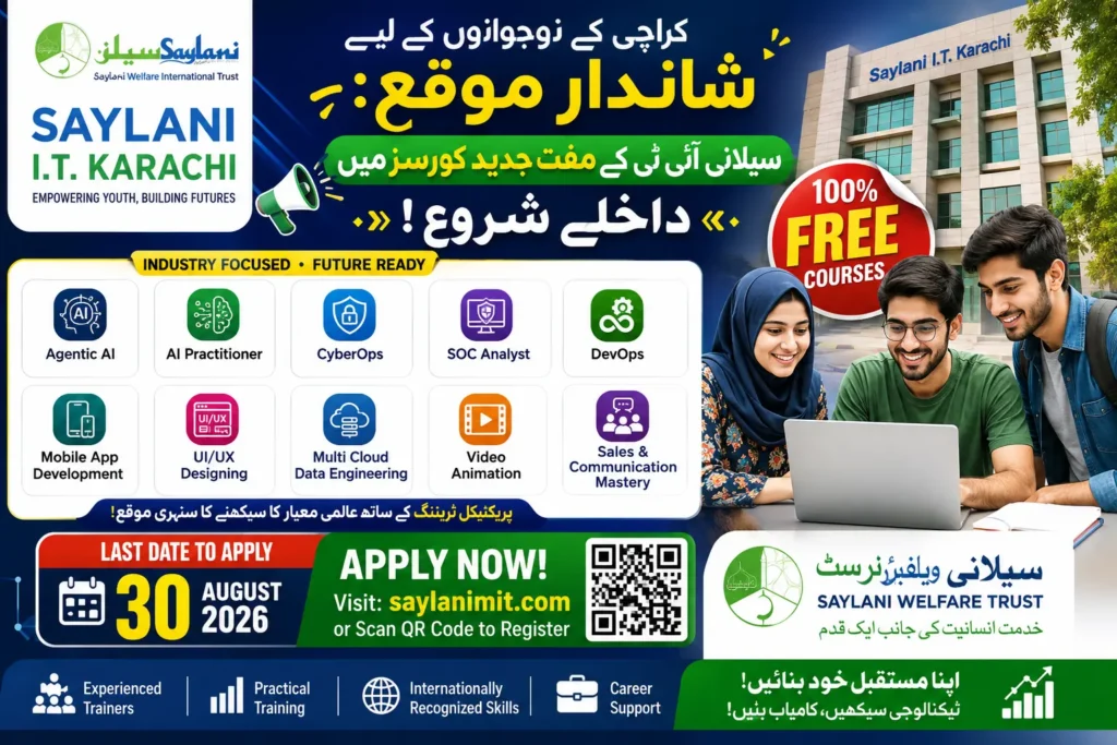 Saylani IT Karachi free tech admissions poster for modern AI and CyberOps courses