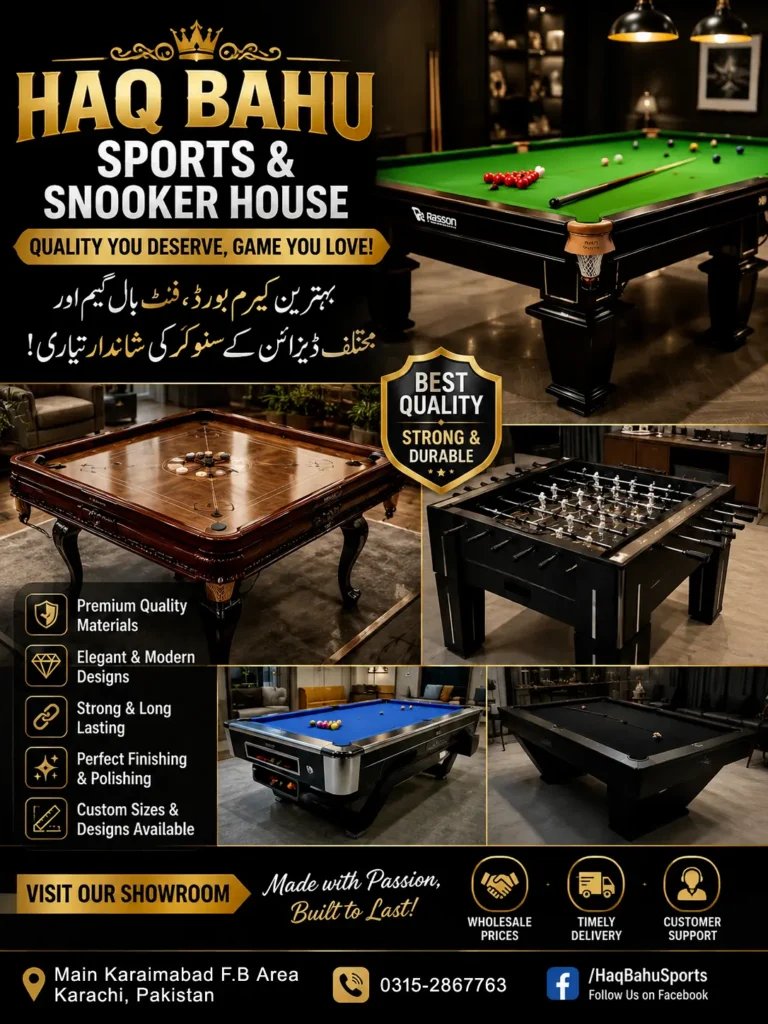 Expertly crafted carrom boards, foosball tables, and custom-designed snooker tables by Haq Bahu Sport and Snooker House in FB Area Karachi, featured on Sasta Bol