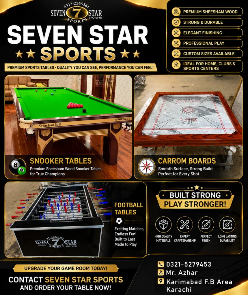 seven star sports karachi, snooker table price karachi, carrom board sheesham wood, foosball table pakistan, m owais m arshad contact, sasta bol business updates