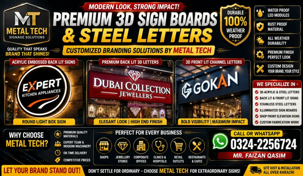 Modern 3D acrylic illuminated signboards and stainless steel letters by Metal Tech