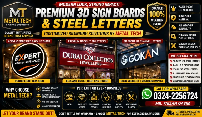 Modern 3D acrylic illuminated signboards and stainless steel letters by Metal Tech