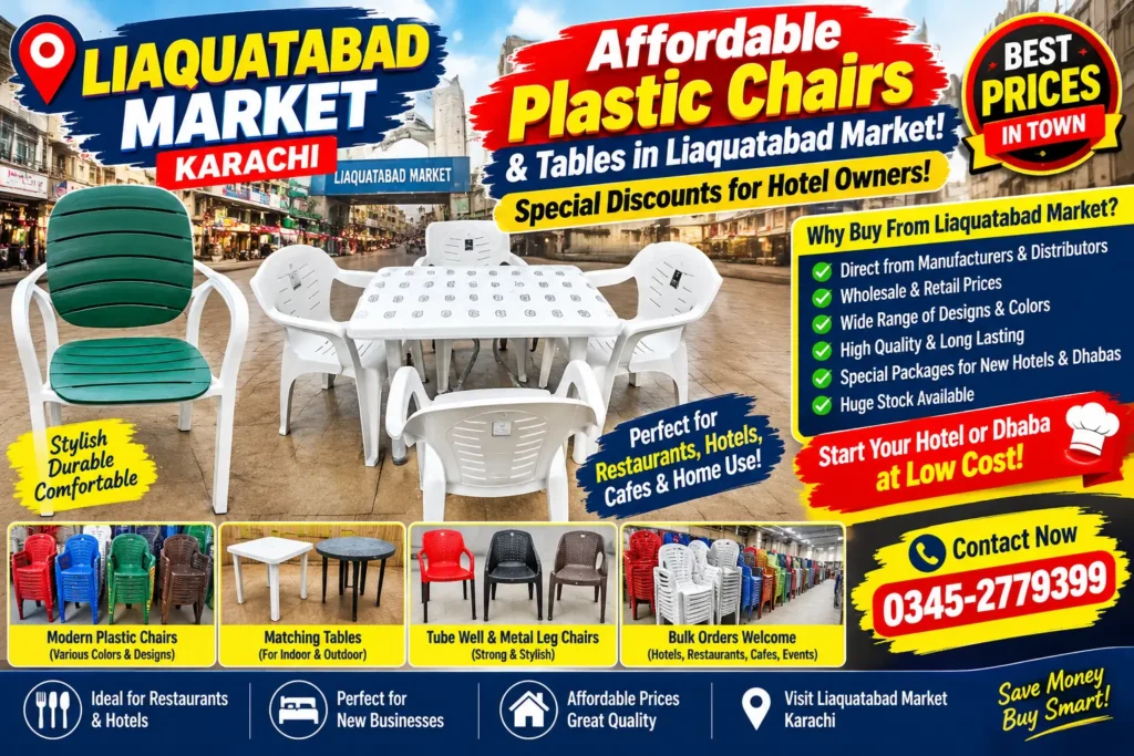 Stacked and colorful commercial plastic chairs in Liaquatabad market