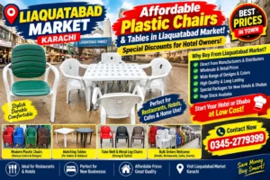 Stacked and colorful commercial plastic chairs in Liaquatabad market