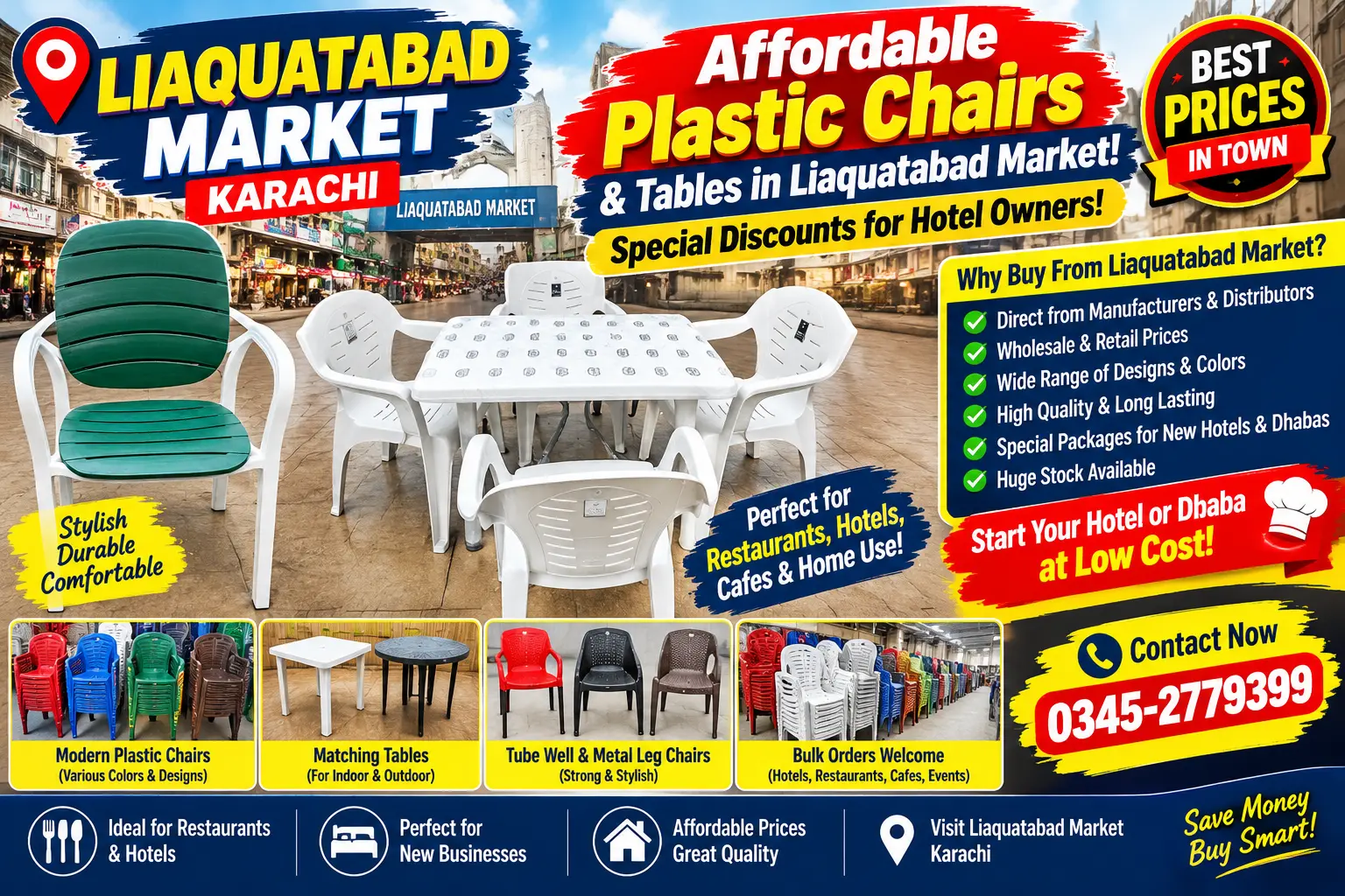 Stacked and colorful commercial plastic chairs in Liaquatabad market