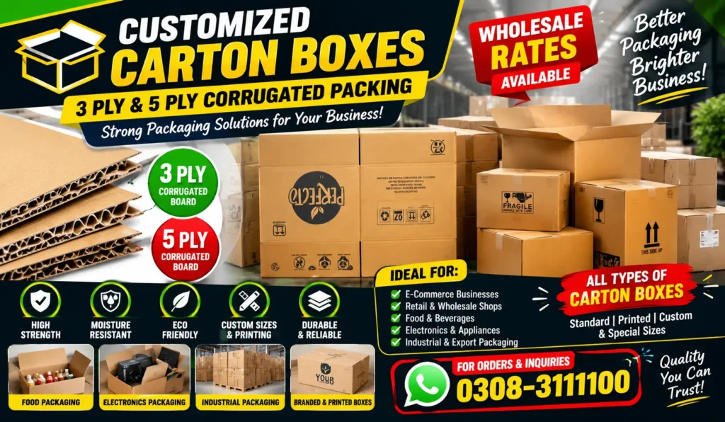 Close-up of 3-ply and 5-ply corrugated cardboard layers and printed brown packaging carton