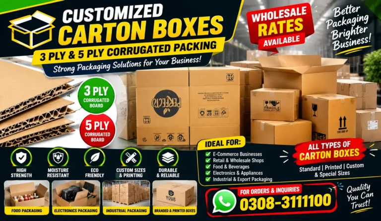 Close-up of 3-ply and 5-ply corrugated cardboard layers and printed brown packaging carton